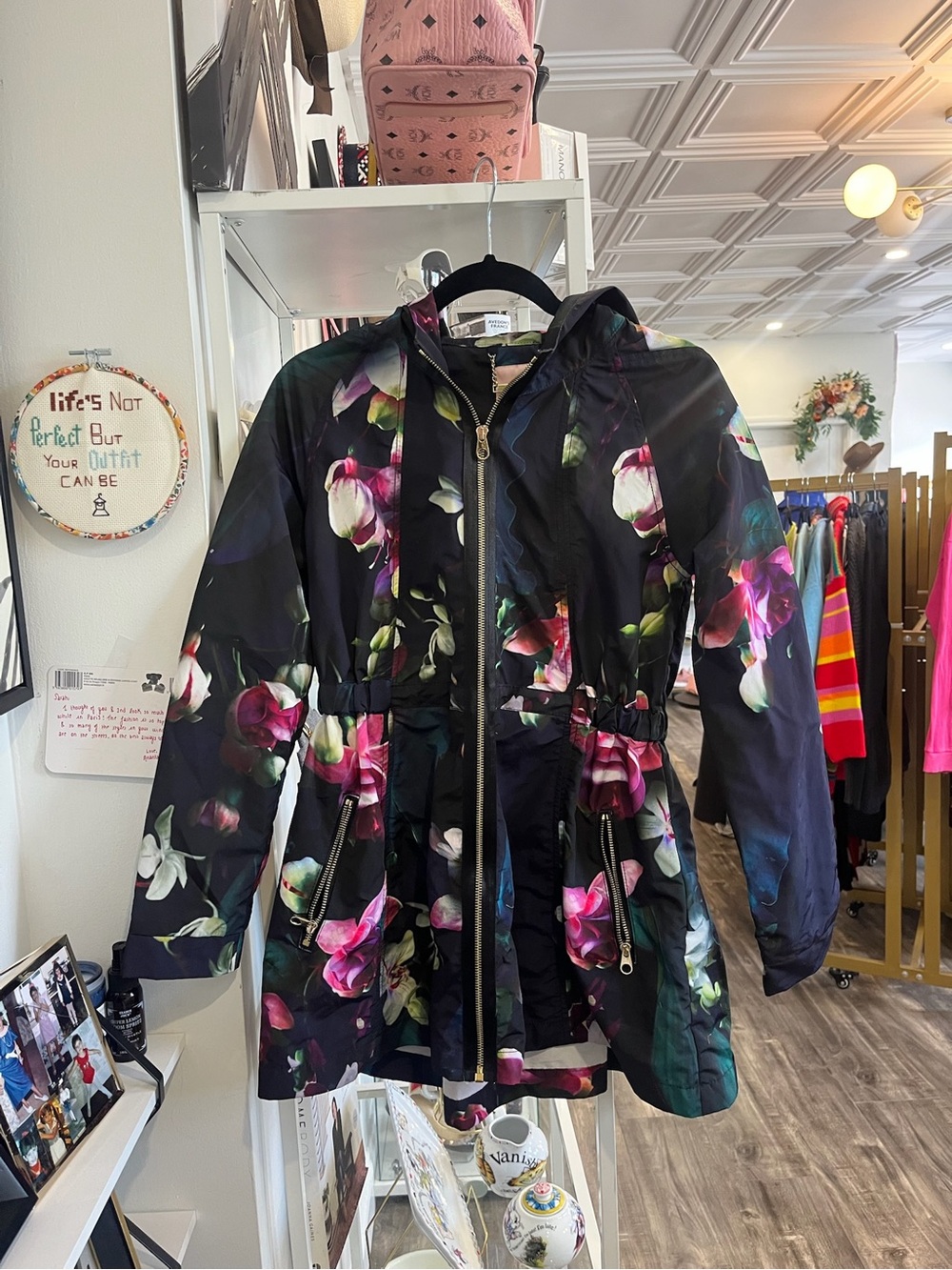 Ted Baker London Black Floral Hooded Drawstring Utility rain Jacket
